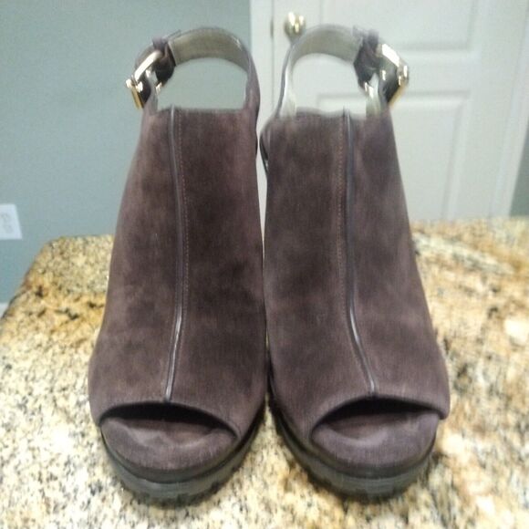 Michael Kors Chunky High Heels Brown Suede Leather Buckle Back Mules Womens 8 - Picture 5 of 12